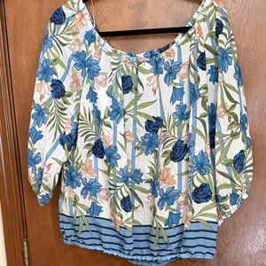 CeCe Floral Blouse - Blue, Green, and Cream